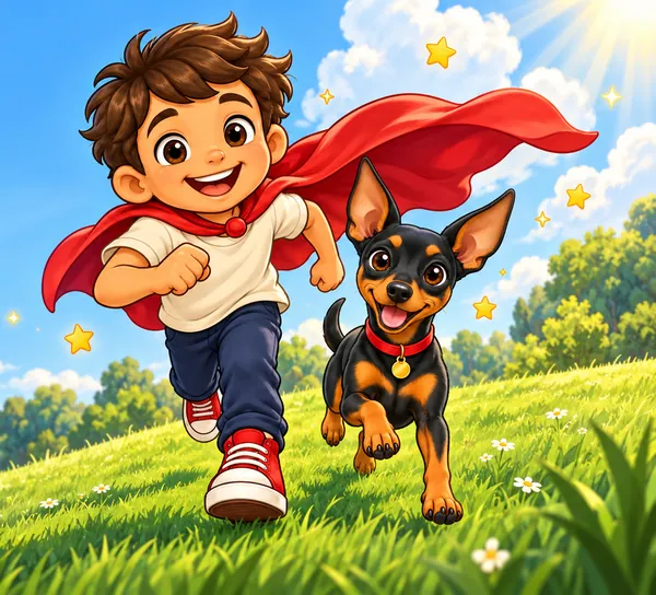 A cartoon kid in a red cape racing Rocko up a sunny hill